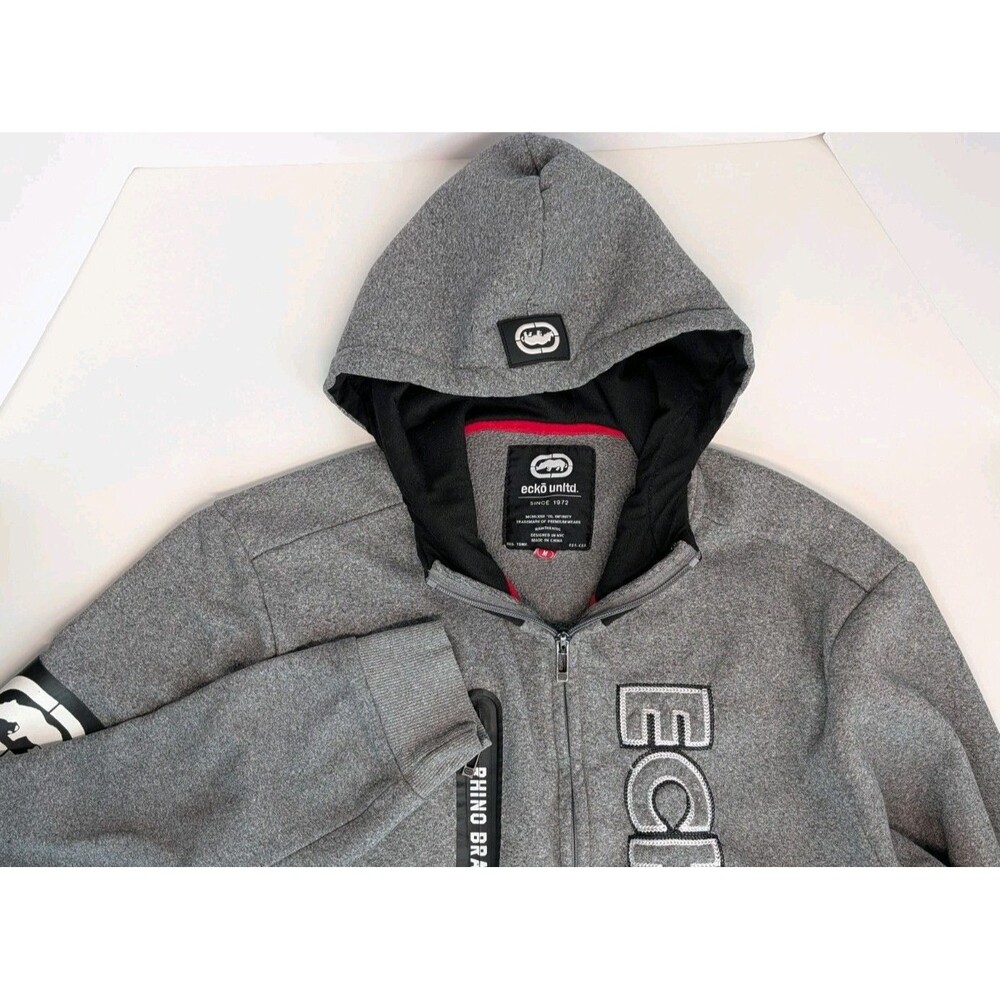Ecko Unltd Rhino Brand Gray Full Zip Hoodie Large Embroidered Logo Patches